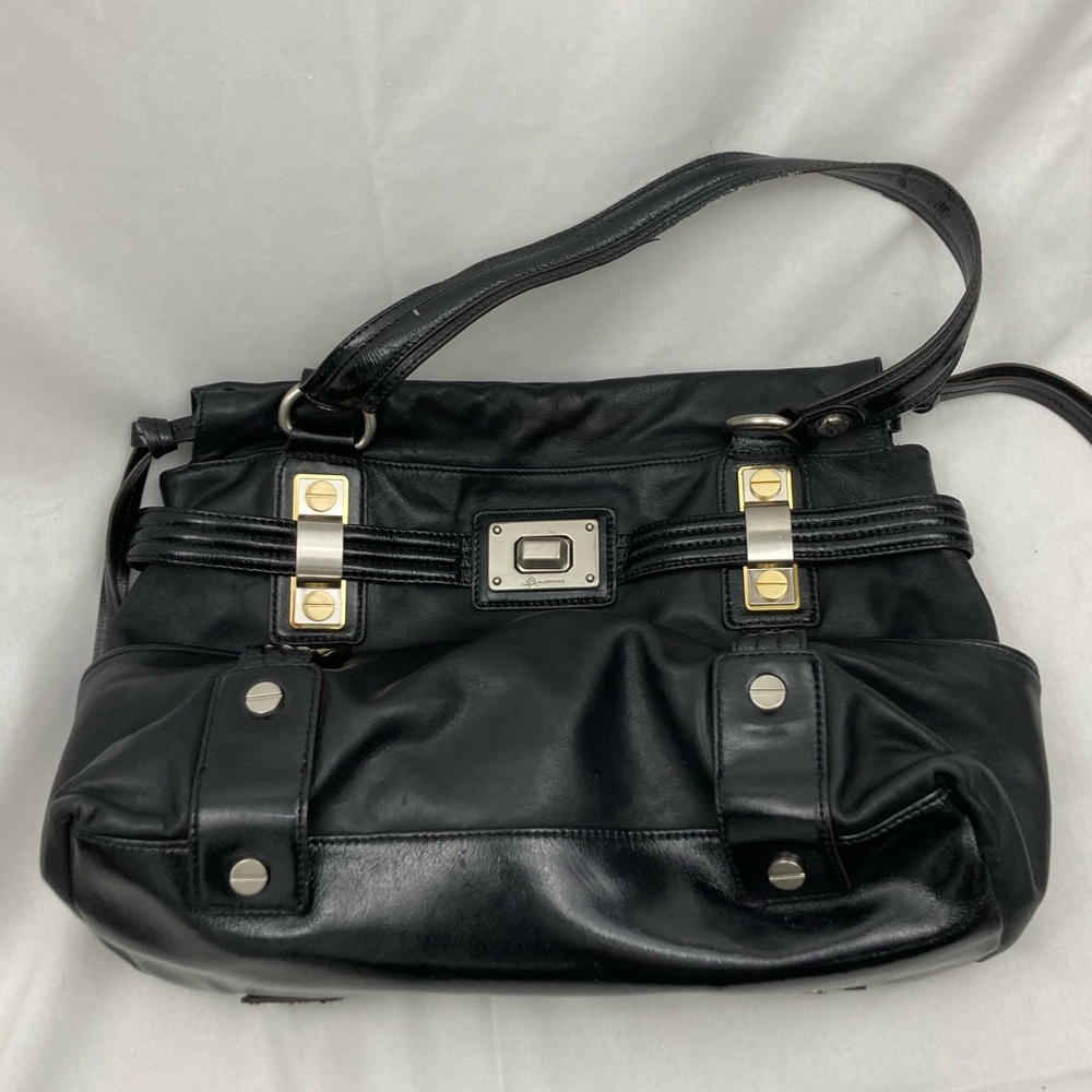 B. makowsky black leather large shoulder bag with silver+gold metallic detailing